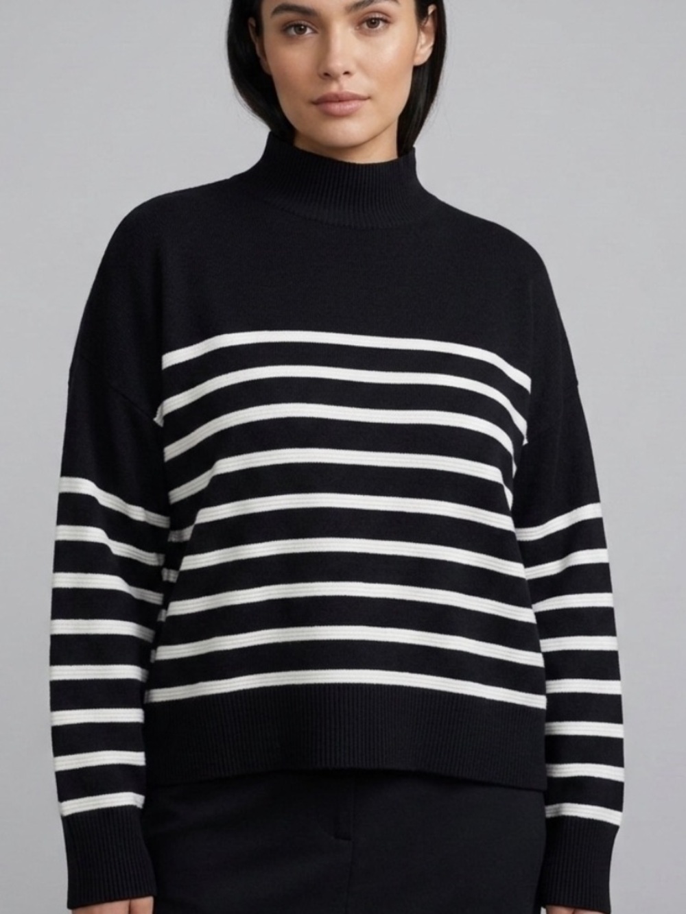NWOT Viscose Blend Black & White Striped Mock Neck Sweater Stretchy and Soft